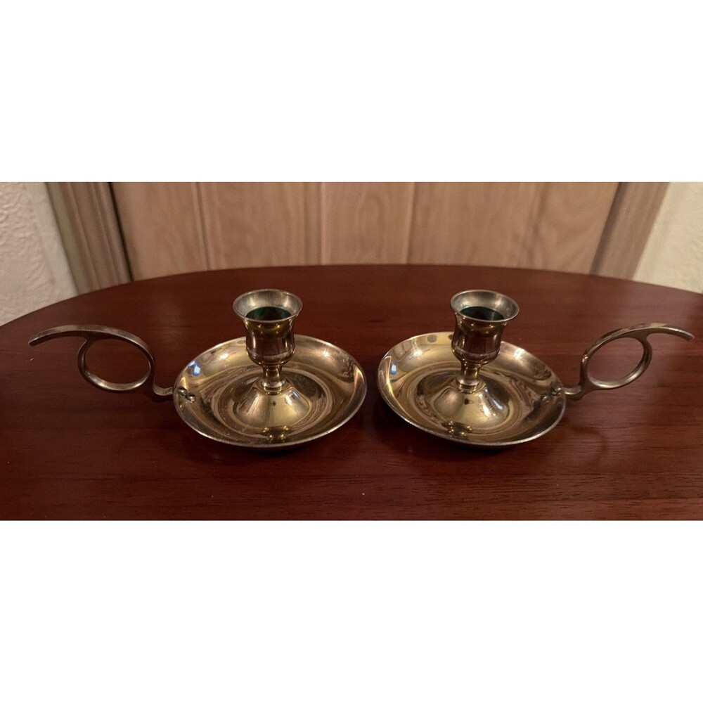 VTG Pair of Handcrafted India Brass Chamberstick Candle Stick Holder Finger Ring